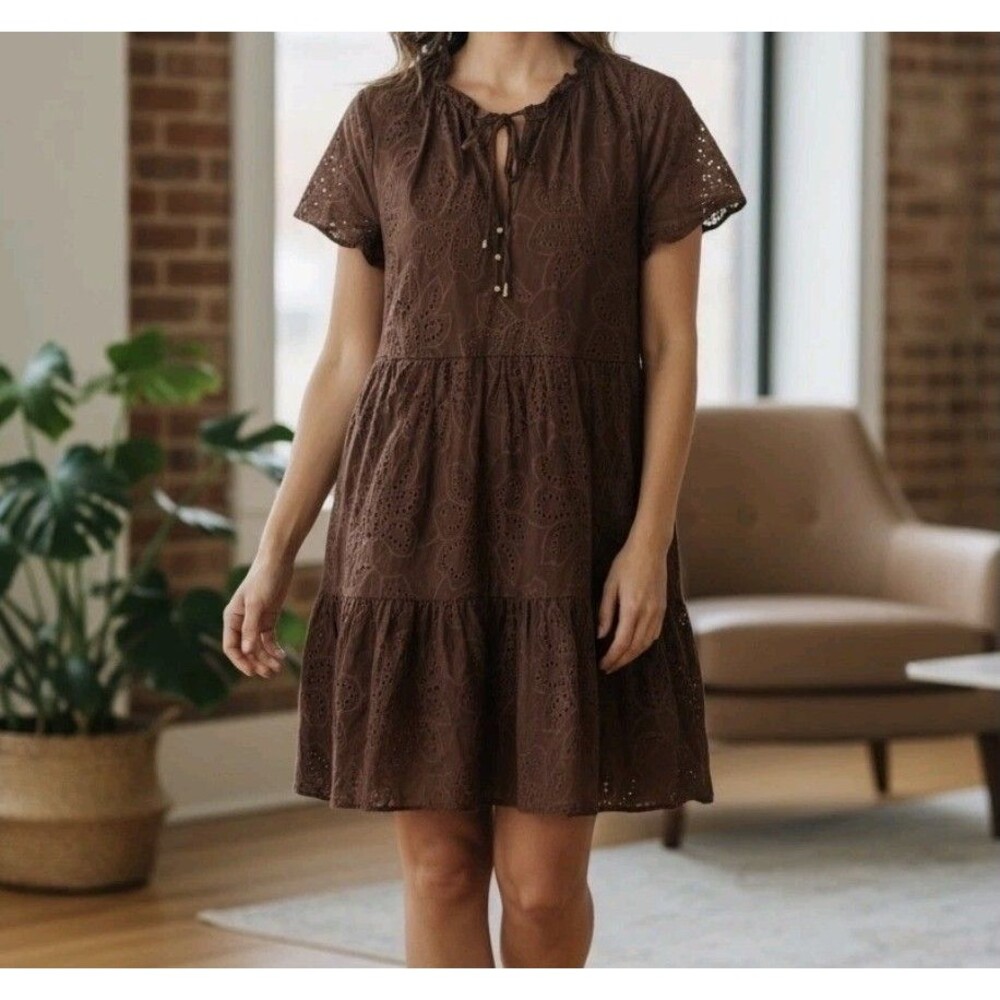 JOIE Chocolate Brown Small Mini Eyelet Dress Tiered 100% Cotton Feminine Boho.